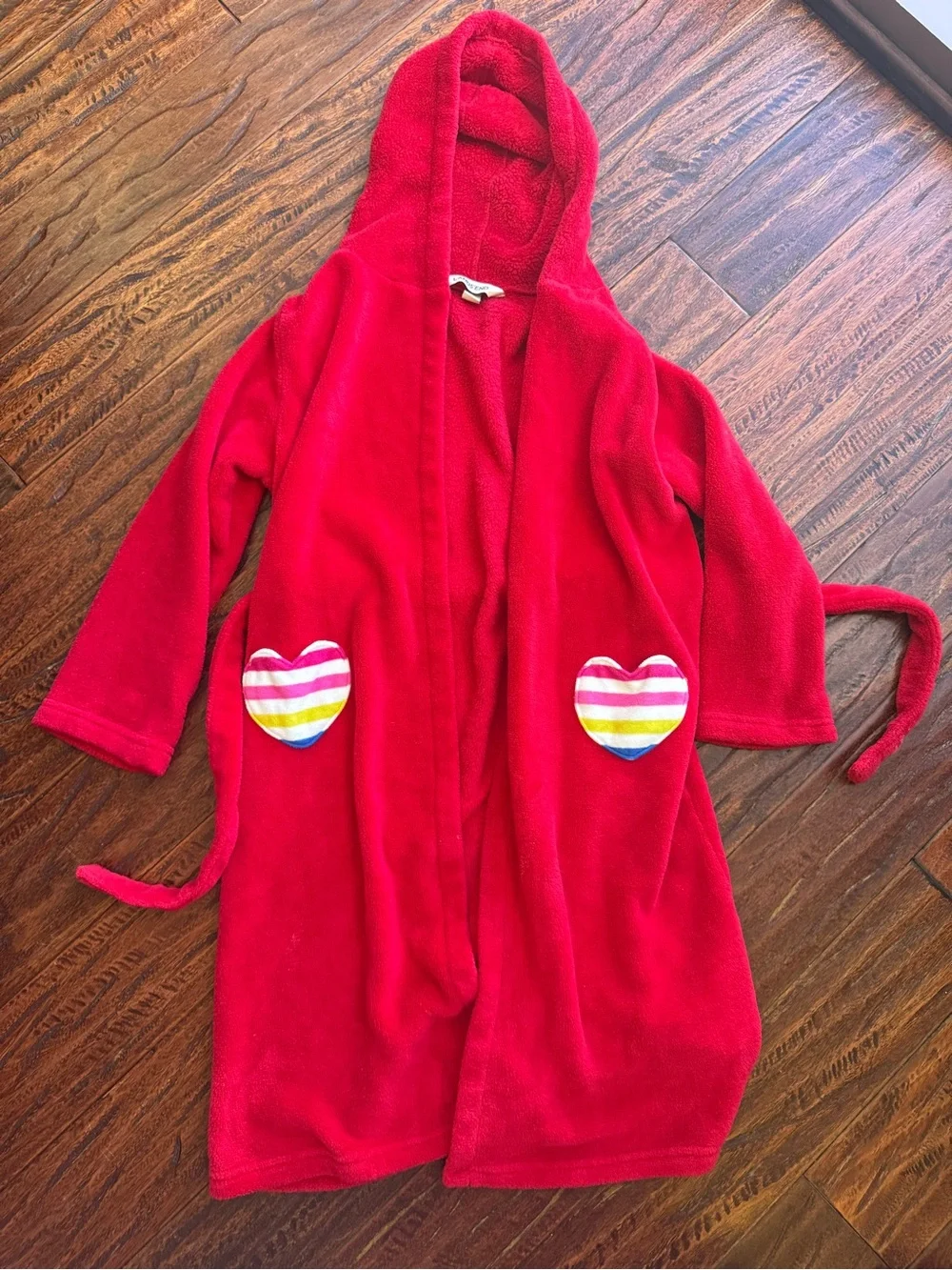 Lands' End Red Hooded Fleece Kids Robe with Striped Heart Pockets